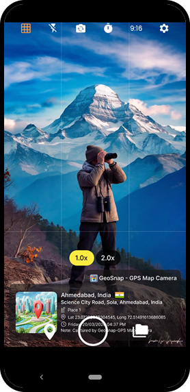 GeoSnap app screenshot showing GPS map camera interface